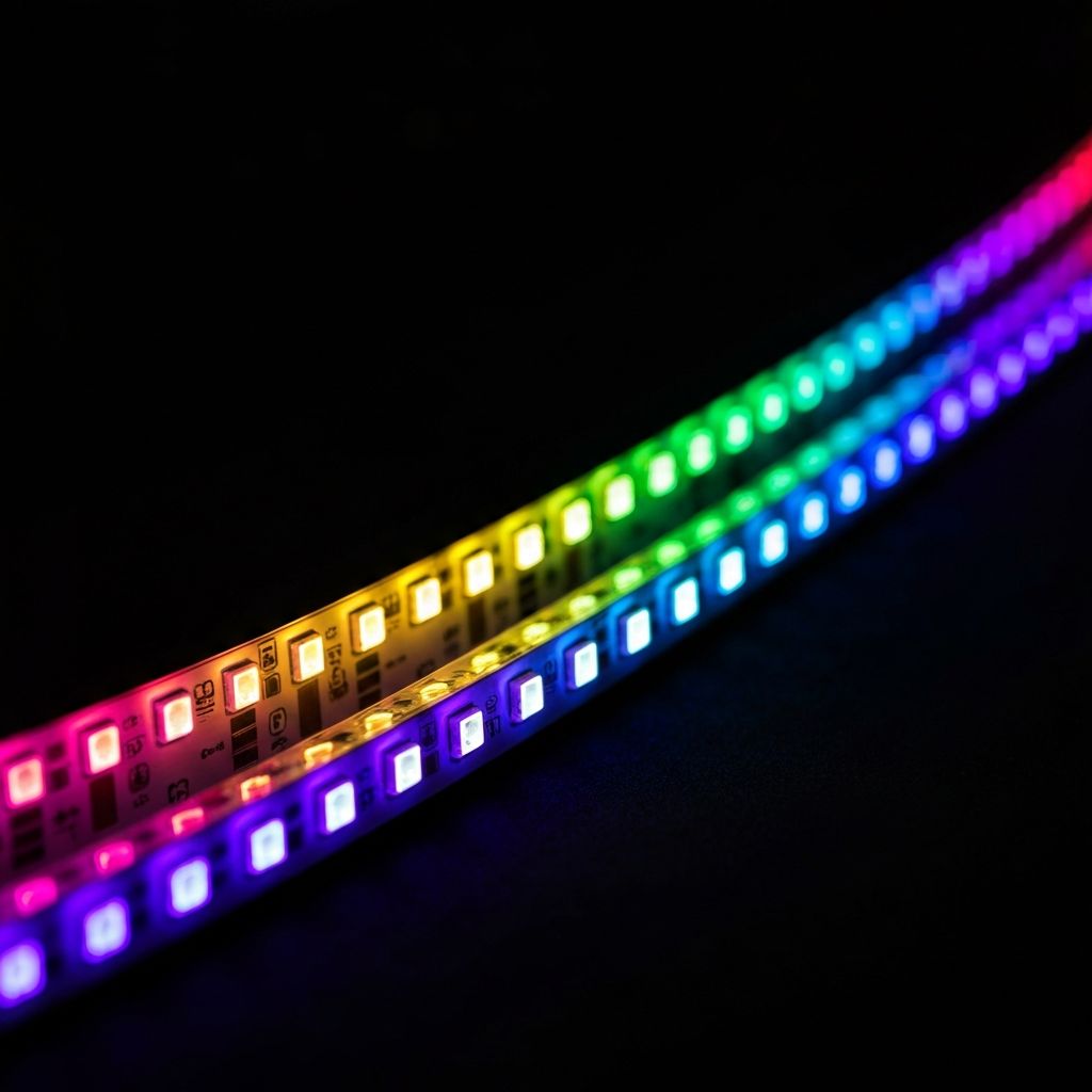 Colorful LED strip lights installed under kitchen cabinets